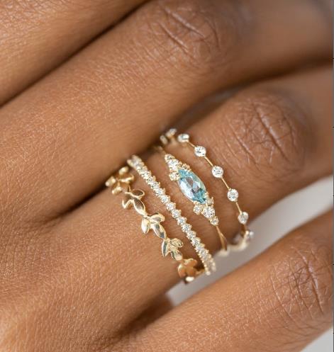 Geometric Gold Color Combination Round Zircon Crystal Rings Set