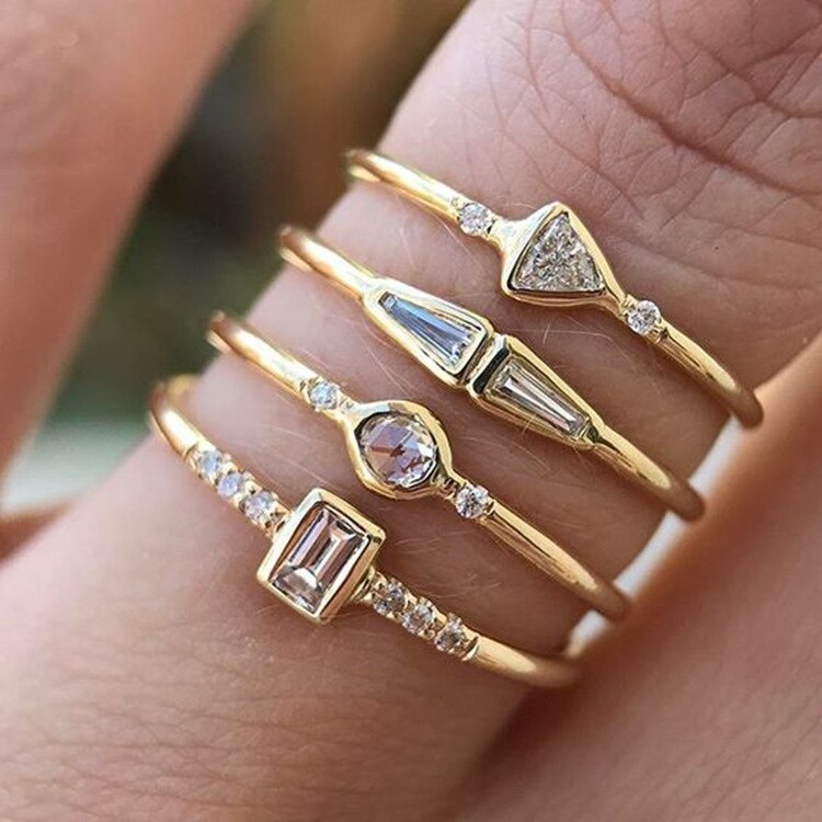 Geometric Gold Color Combination Round Zircon Crystal Rings Set