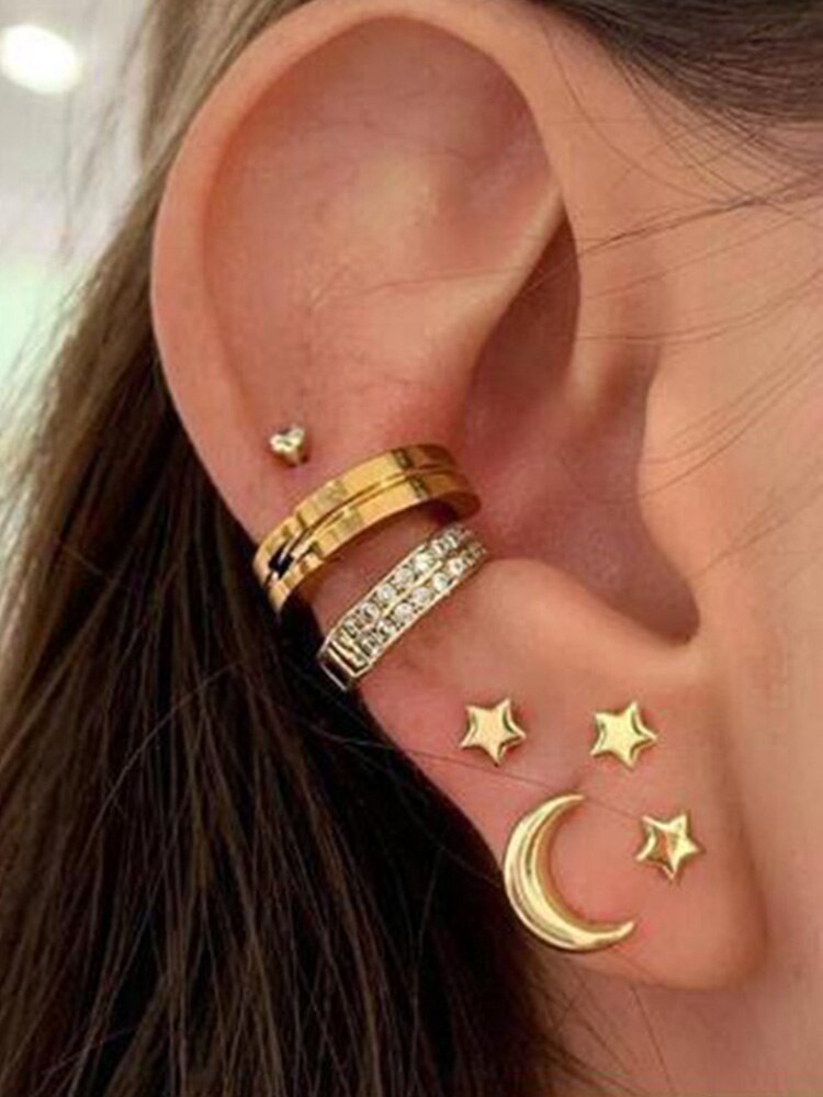 Retro Sun and Moon Ear Clip Set Old-Fashioned Geometric Star Ear Cuffs