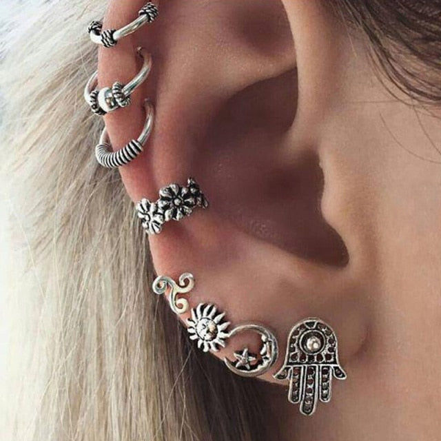 Retro Sun and Moon Ear Clip Set Old-Fashioned Geometric Star Ear Cuffs