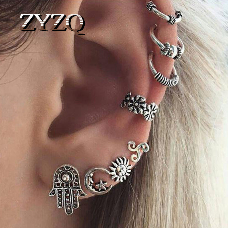 Retro Sun and Moon Ear Clip Set Old-Fashioned Geometric Star Ear Cuffs