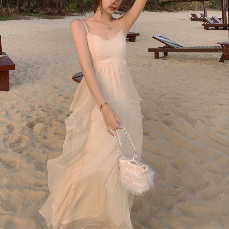 Summer French Halter Ruffle Backless Vacation Beach Dress