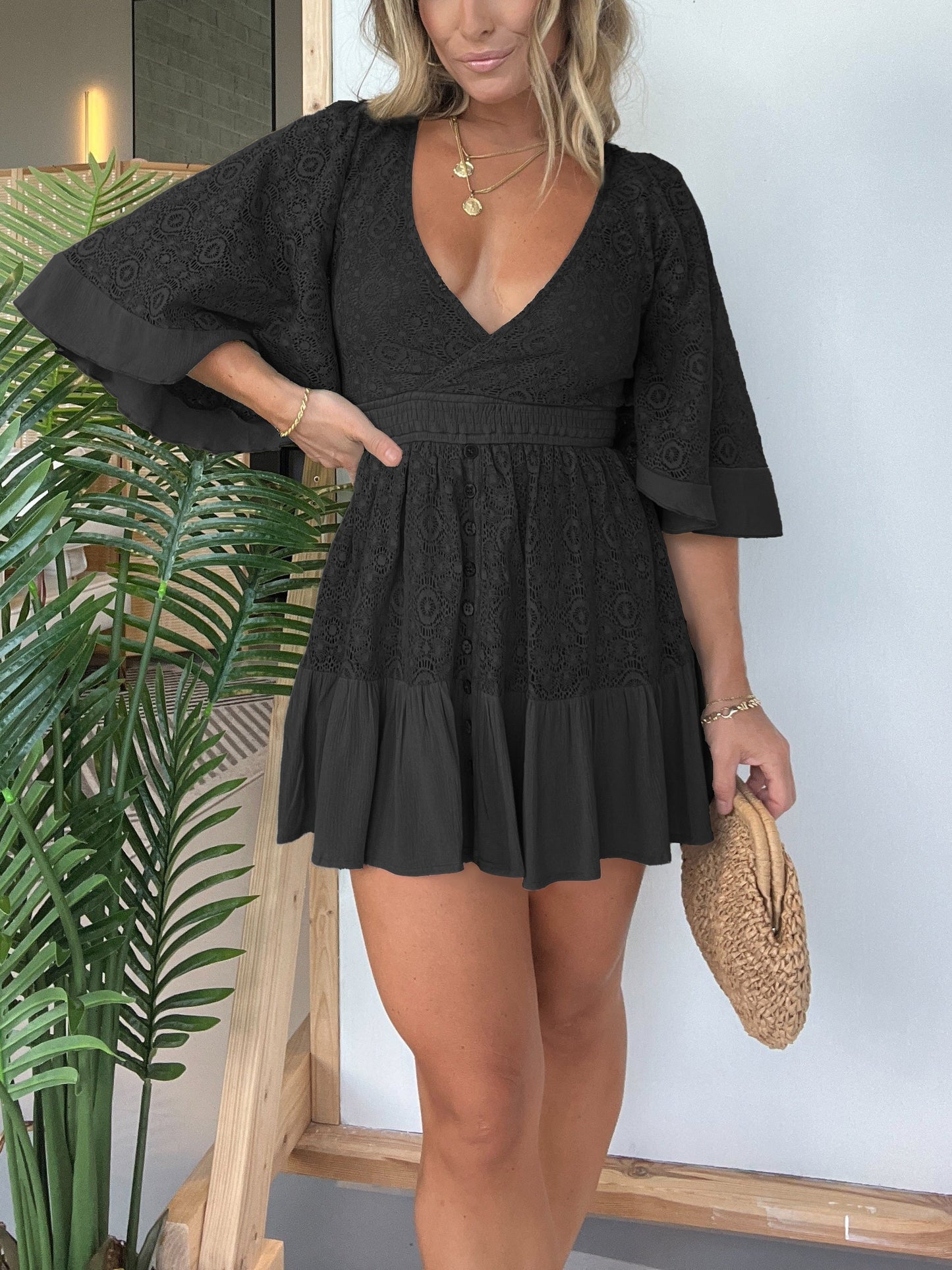 Women's Lace Crochet Romper Dress with Built-in Shorts