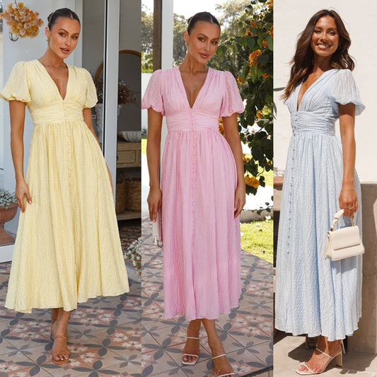 Rustic V Neck Button Zip Pleated Slit Puff Sleeve Maxi Dress