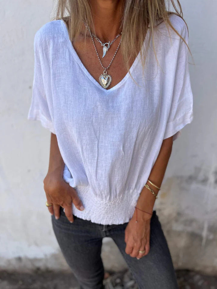 Women's Casual V-Neck Cotton And Linen Top