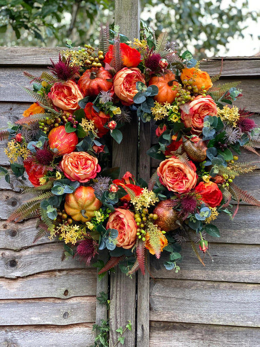 Fall Peony and Pumpkin Wreath - Year Round Wreath