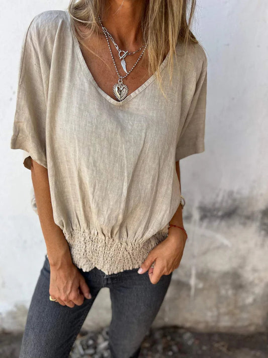 Women's Casual V-Neck Cotton And Linen Top