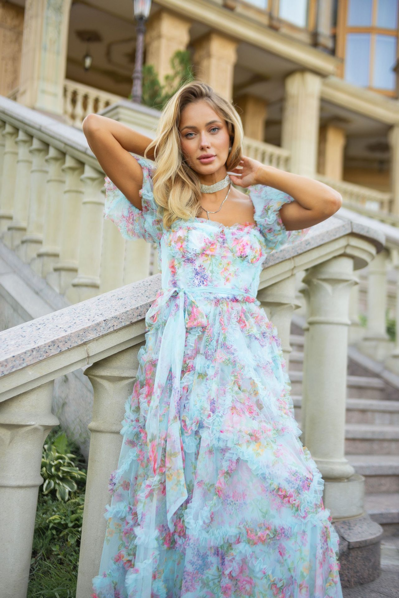Sweet and fresh puff-sleeved floral mesh dress with earrings
