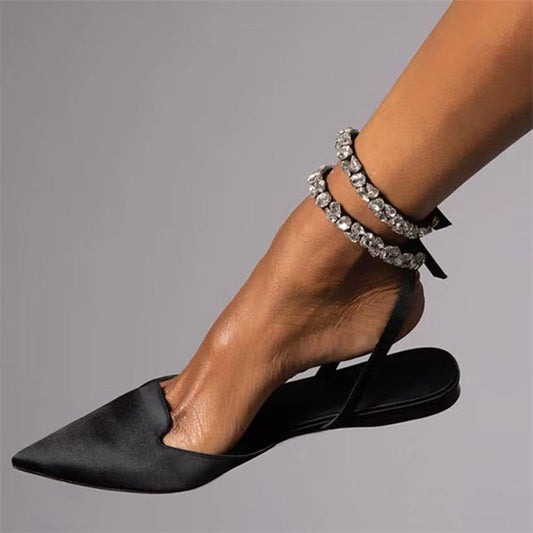 2024 Summer Glam Crystal Pointed Toe Flat Slide Sandals Fashionable Ankle Strap Shoe