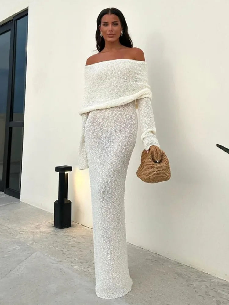 Knitted Cut-Out Off-The-Shoulder Maxi Holiday Beach Party Dress