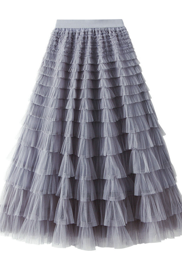 Tiered Elastic Waist Tulle Maxi Skirt