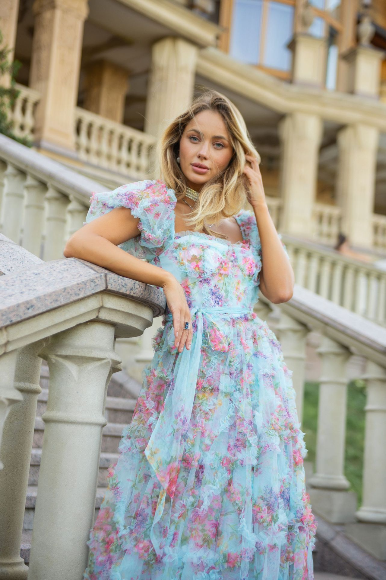 Sweet and fresh puff-sleeved floral mesh dress with earrings
