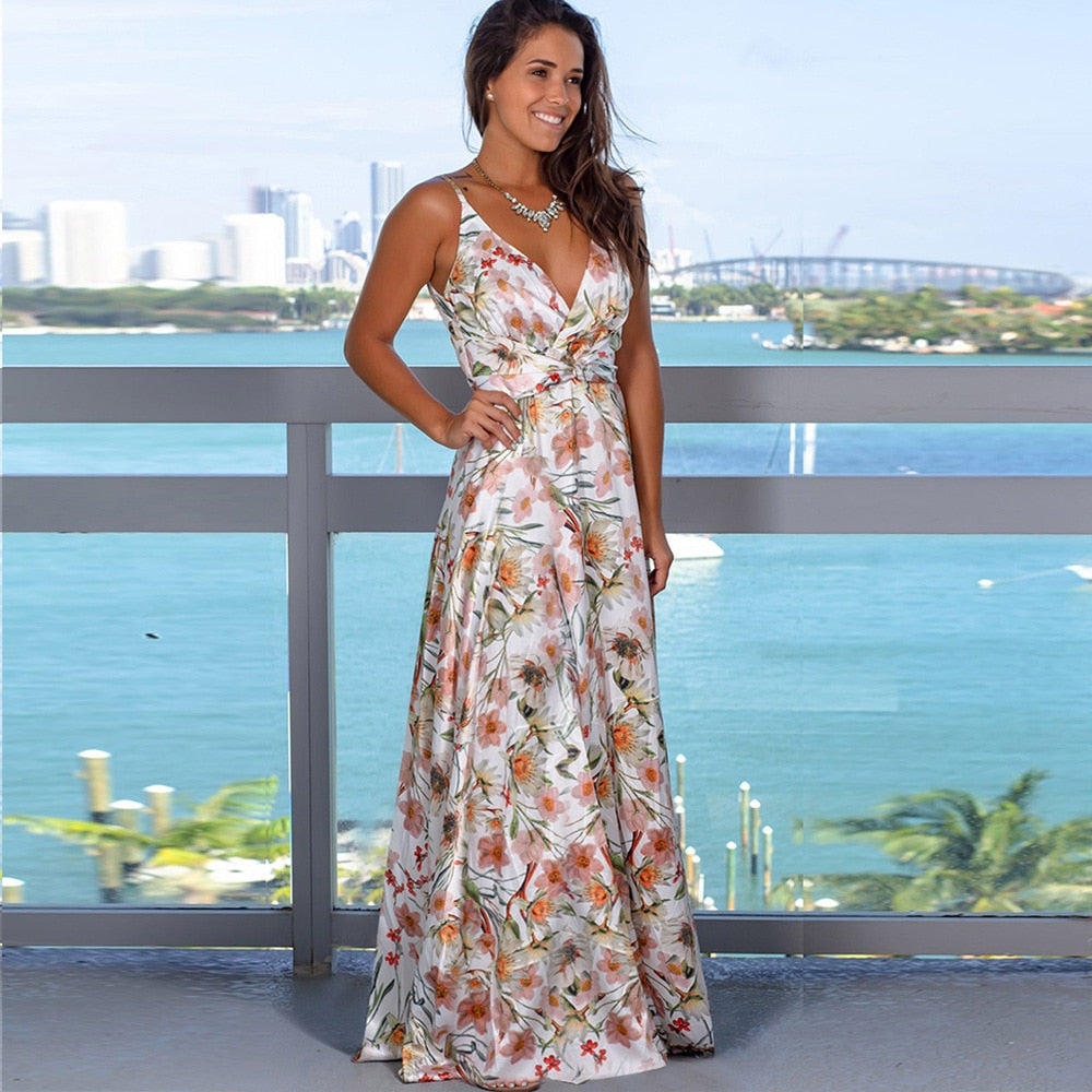 Summer Bohemian Style Women's V-Neck Sleeveless Halter Floral Beach Long Dresses