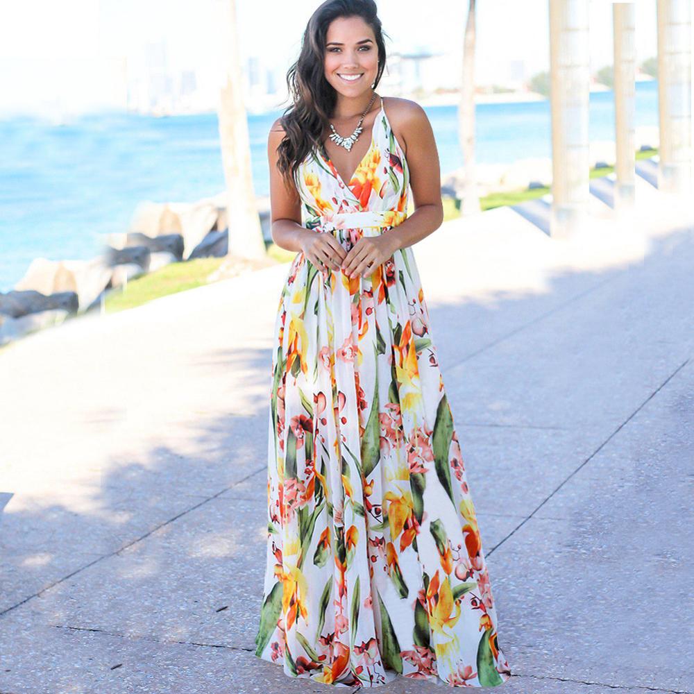 Summer Bohemian Style Women's V-Neck Sleeveless Halter Floral Beach Long Dresses