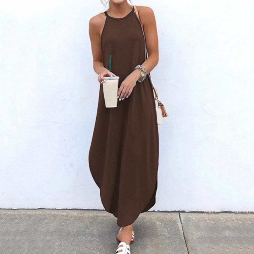 Women's Summer Dresses - Sleeveless Halter Backless Solid Color Beach Long Dresses