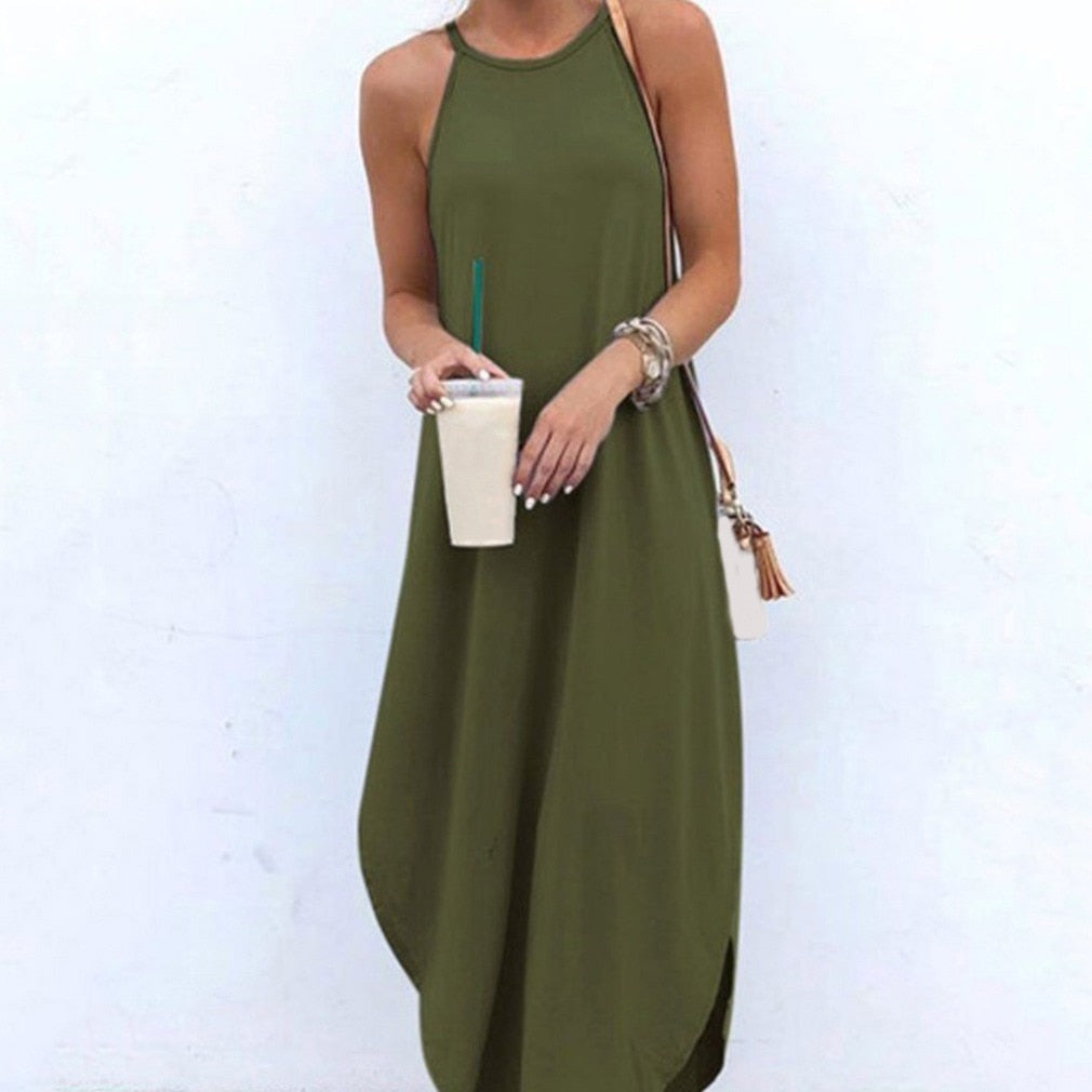 Women's Summer Dresses - Sleeveless Halter Backless Solid Color Beach Long Dresses