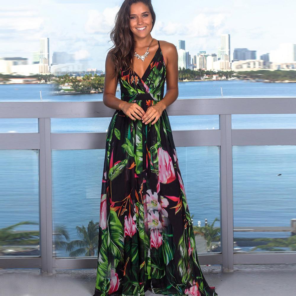 Summer Bohemian Style Women's V-Neck Sleeveless Halter Floral Beach Long Dresses