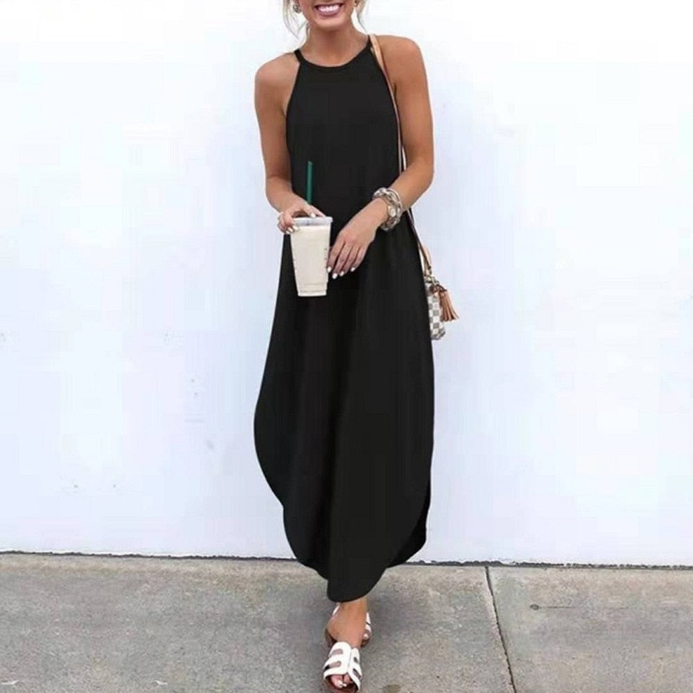 Women's Summer Dresses - Sleeveless Halter Backless Solid Color Beach Long Dresses