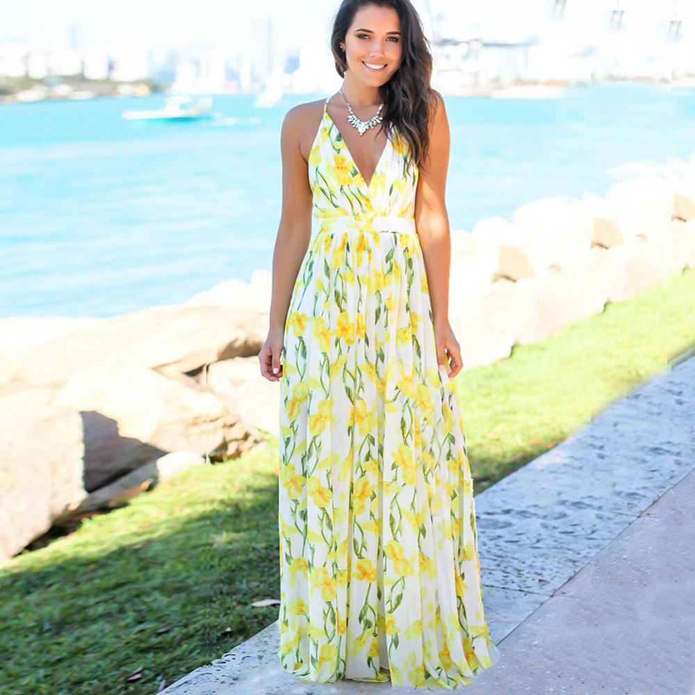 Summer Bohemian Style Women's V-Neck Sleeveless Halter Floral Beach Long Dresses