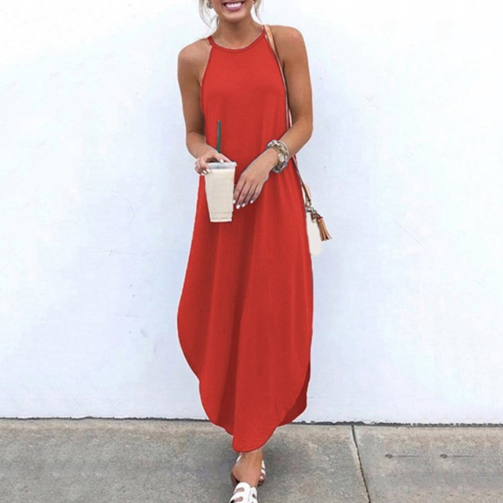 Women's Summer Dresses - Sleeveless Halter Backless Solid Color Beach Long Dresses