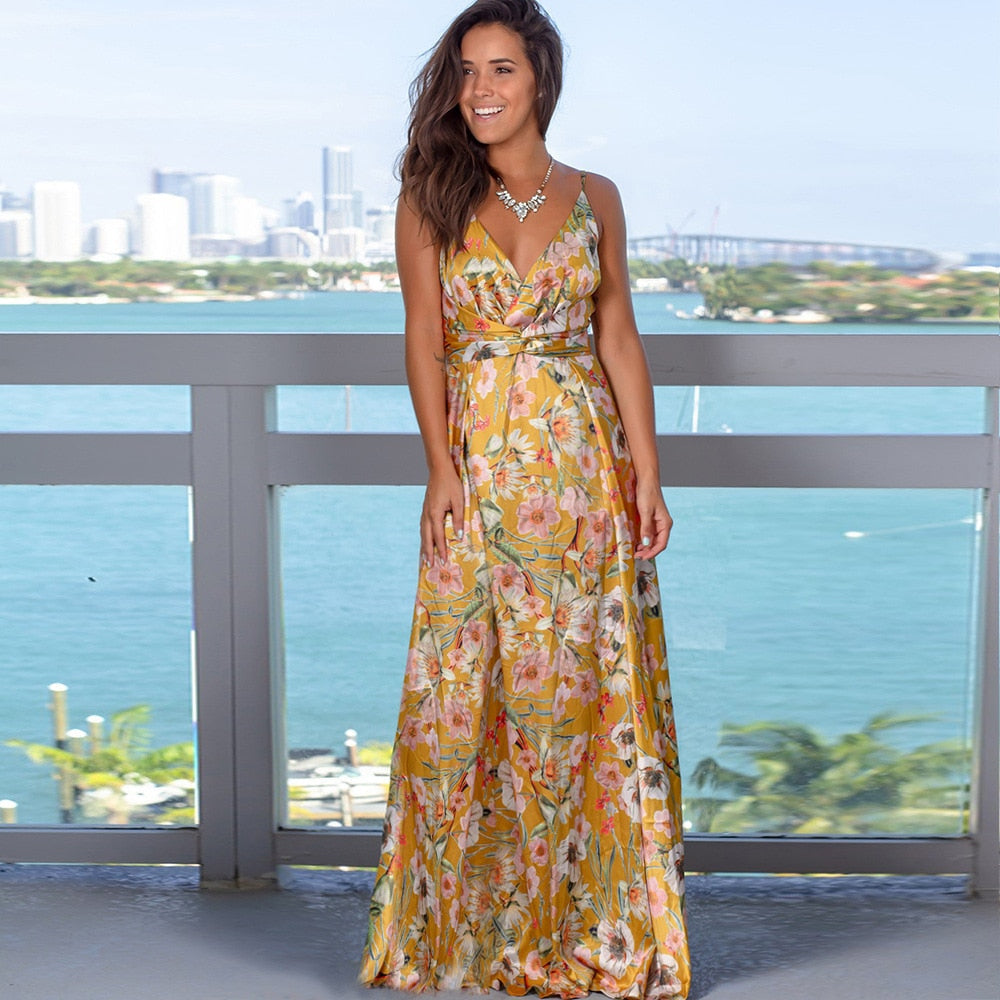 Summer Bohemian Style Women's V-Neck Sleeveless Halter Floral Beach Long Dresses