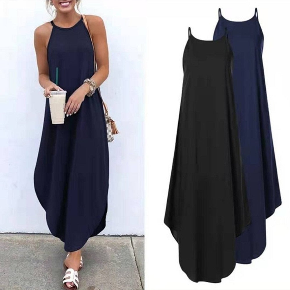 Women's Summer Dresses - Sleeveless Halter Backless Solid Color Beach Long Dresses