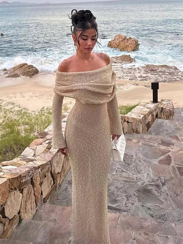 Knitted Cut-Out Off-The-Shoulder Maxi Holiday Beach Party Dress