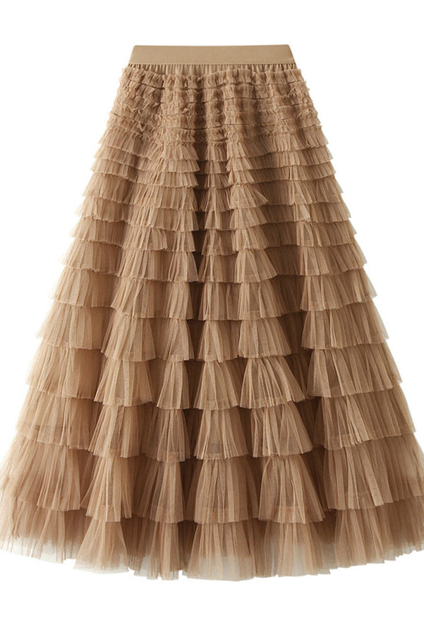 Tiered Elastic Waist Tulle Maxi Skirt