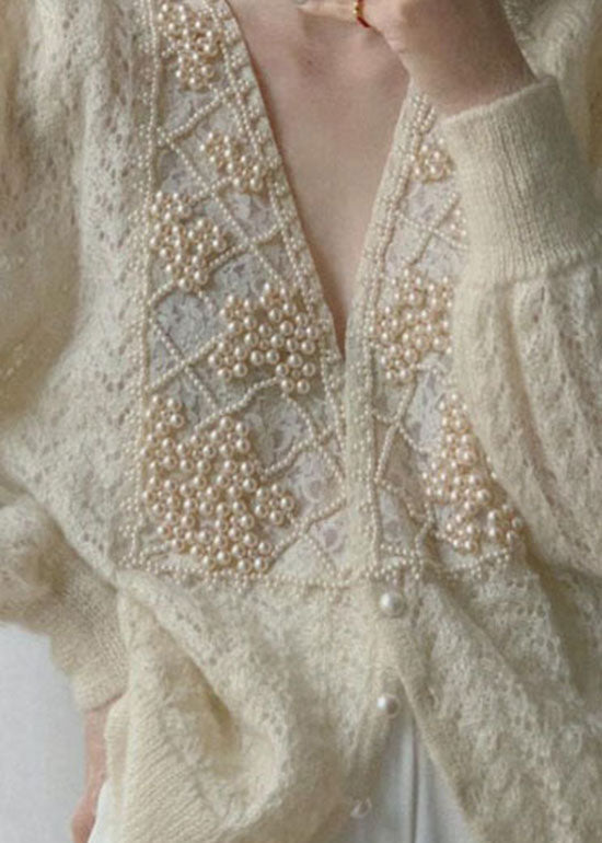 Loose Beige V Neck Pearl button thick Knit coat Long Sleeve