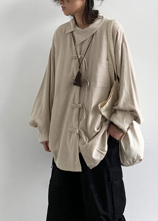 Loose Apricot Chinese Button Patchwork Cotton Shirts Summer