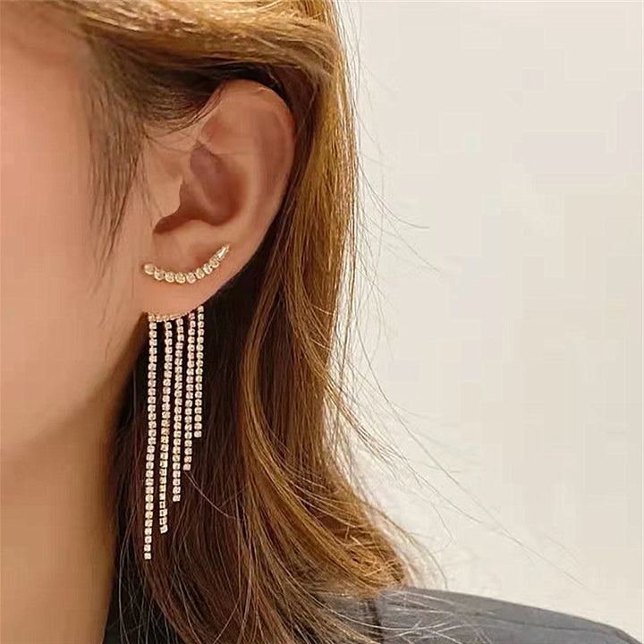 Sparkling Curved Rhinestone Long Tassel Earrings