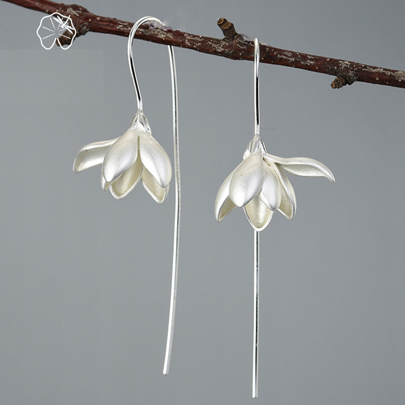 18K Gold Elegant Magnolia Flower Dangle Earrings