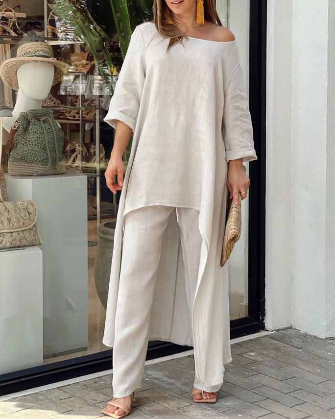 Women's Autumn Elegant Solid Color Loose Casual Cotton And Linen Two-piece Suit