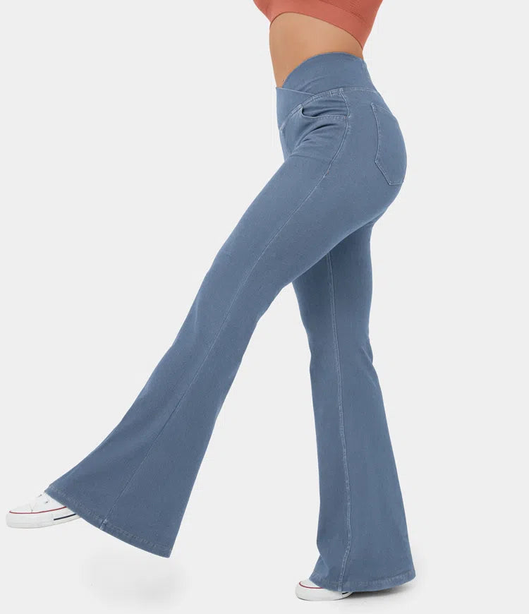 Stretchy Knit Denim Casual Super Flare Pants