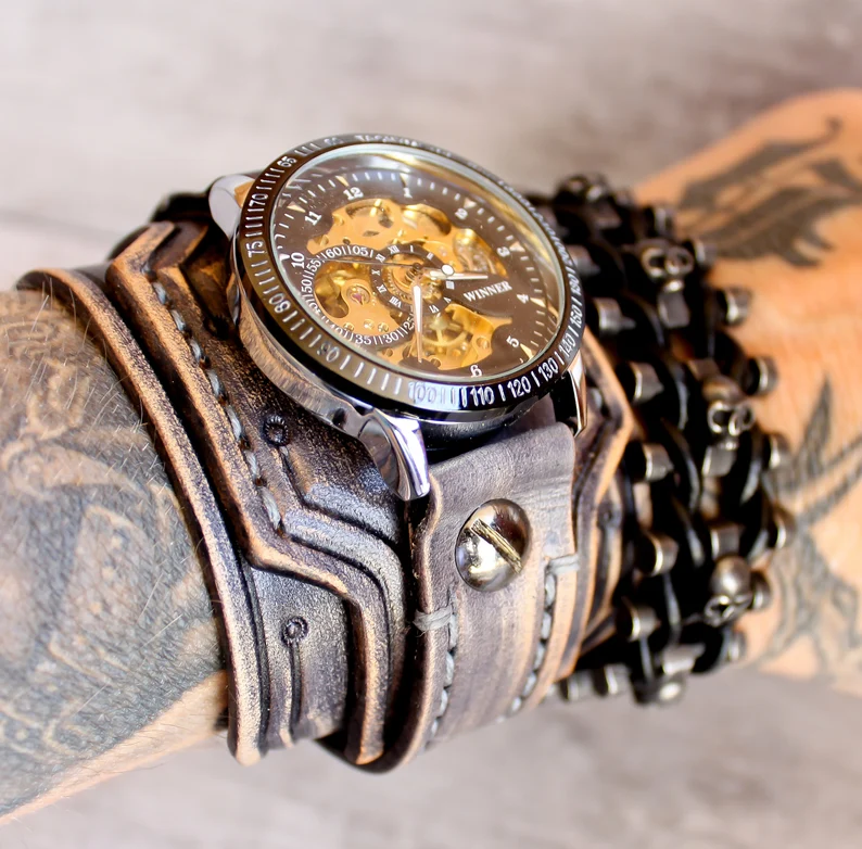 Men's gray leather cuff watch