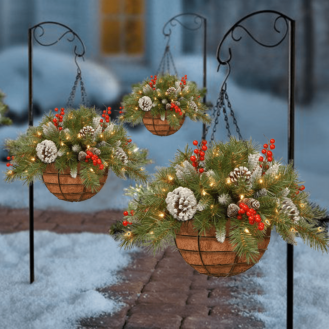 🎄Dazzling Pre-lit Artificial Christmas Hanging Basket - Flocked with Mixed Decorations and White LED Lights - Frosted Berry