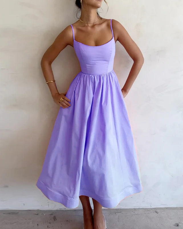 Solid V-neck Pleated Waist Dress