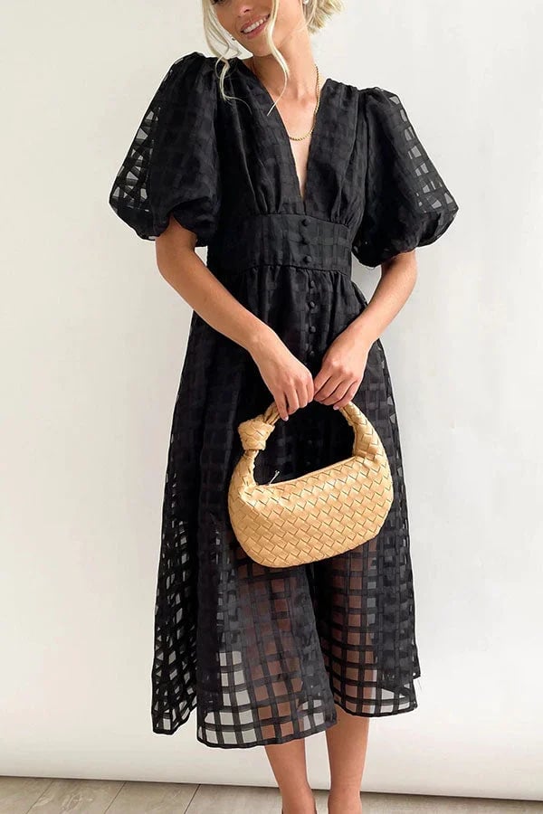 🔥Time-limited promotion 49% OFF🔥 Beauty Square Patterned Fabric Puff Sleeve Midi Dress