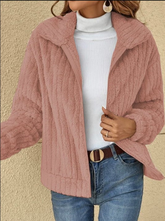 Short Jacket Lapel Zipper Winter Coat Warm Plush Fleece Zipper Casual Coat Top