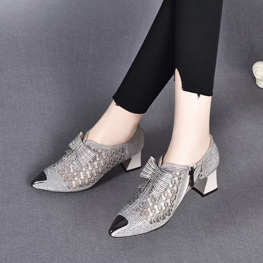 2023 summer casual  Rhinestone hollow chunky heel shoes and new belt buckle solid color plus size women's sandals