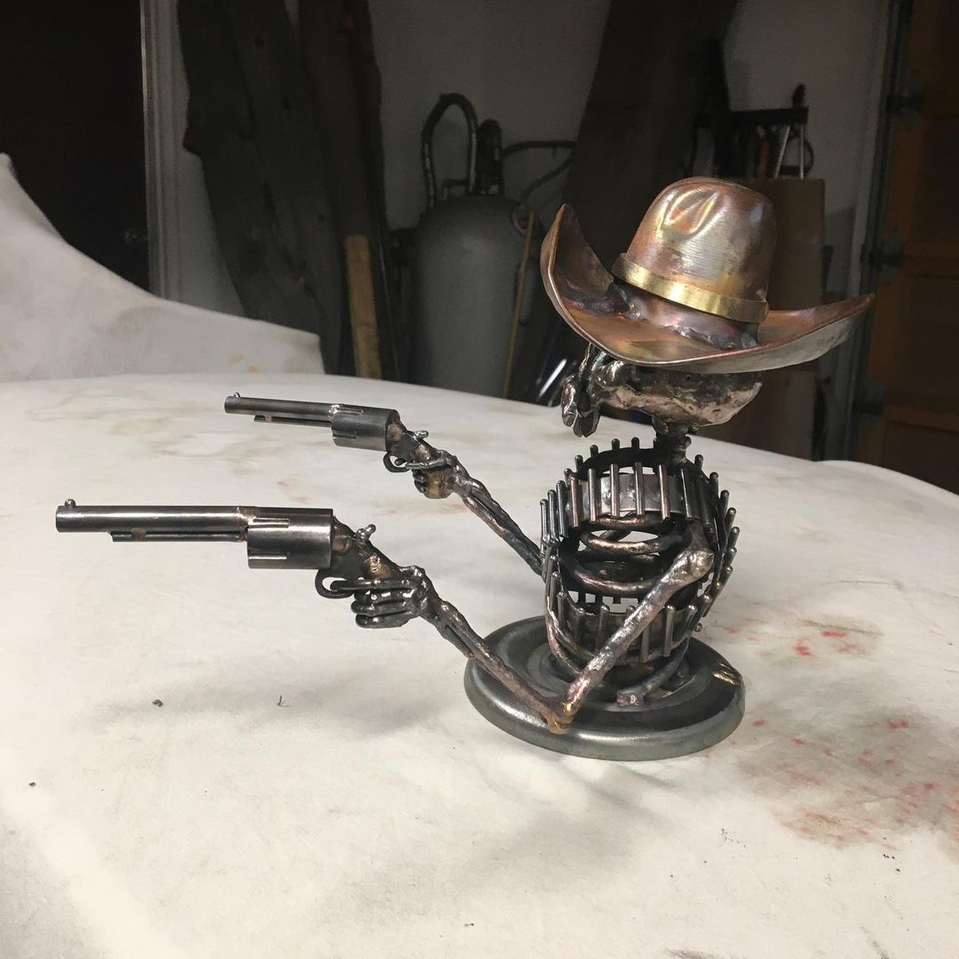 Handmade Cast Cowboy Skull Gunslinger Hood Ornament Sculpture
