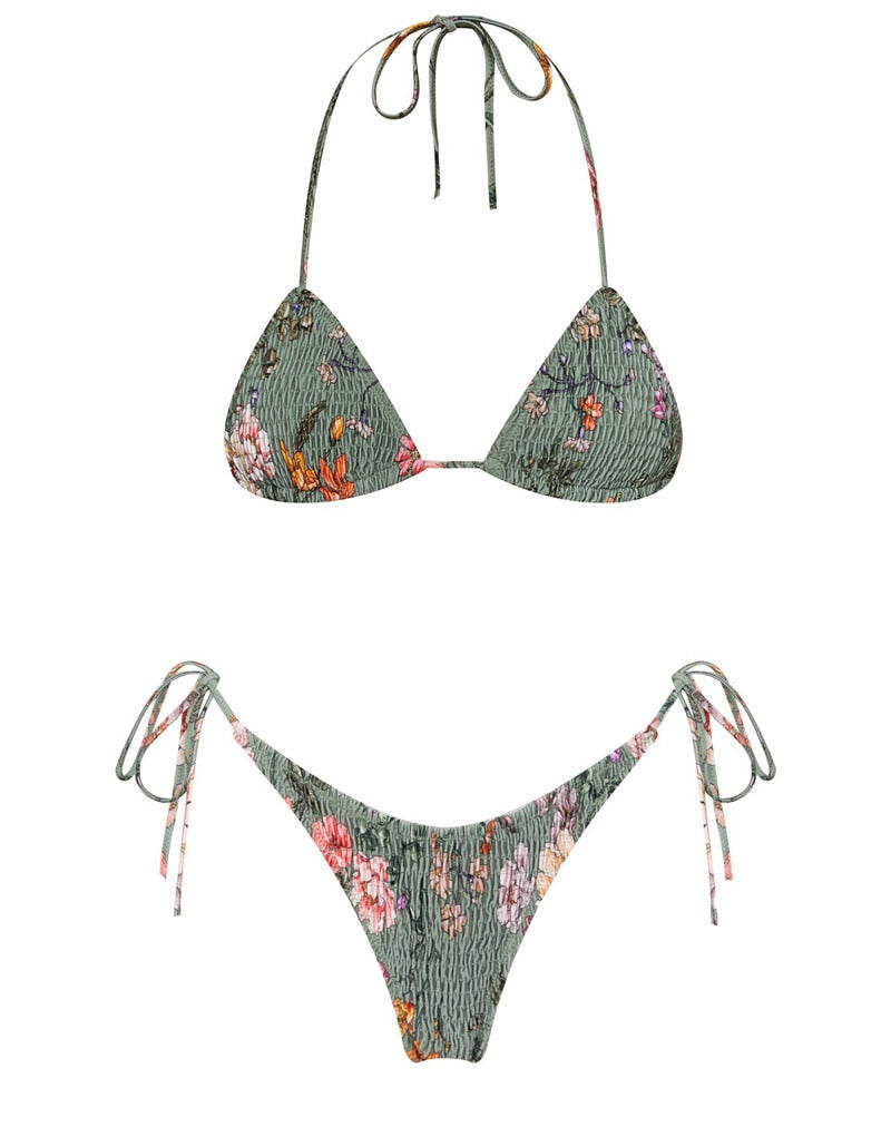 Striking Ruched Brazilian String Thong Bikini Set - Stylish Two Piece Swimsuit for Women