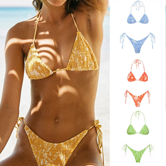 Striking Ruched Brazilian String Thong Bikini Set - Stylish Two Piece Swimsuit for Women