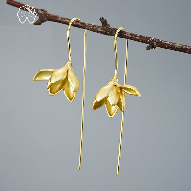 18K Gold Elegant Magnolia Flower Dangle Earrings