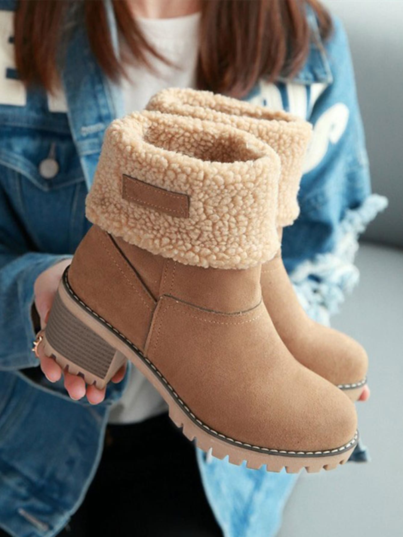 Suedette Cotton Lining Chunky Heeled Snow Boots