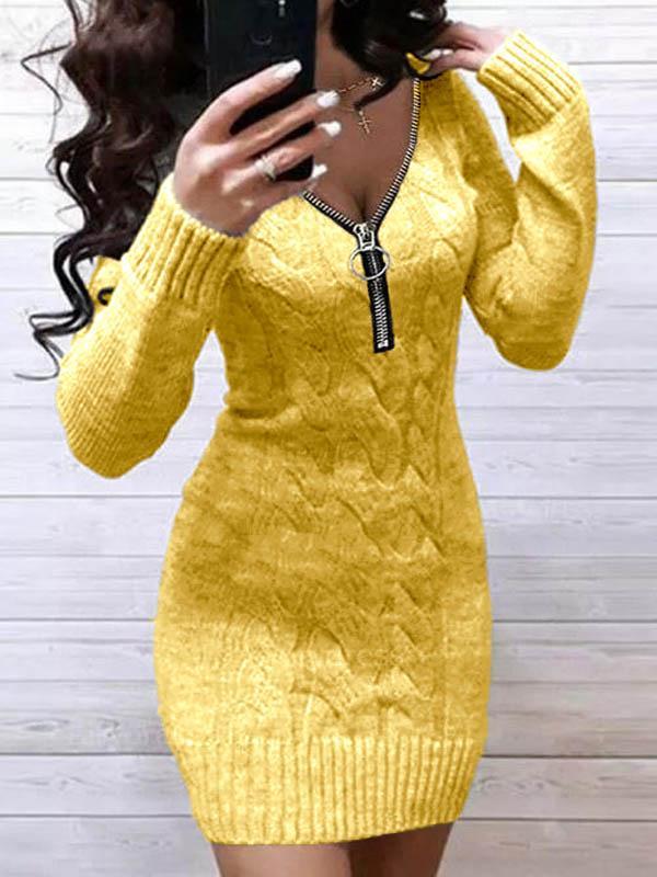 Casual Solid Sweater V-Neckline Bodycon Dress