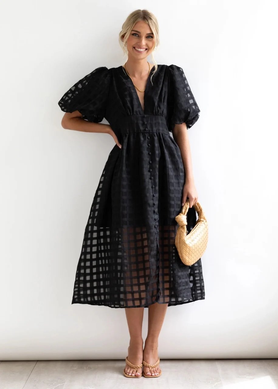 🔥Time-limited promotion 49% OFF🔥 Beauty Square Patterned Fabric Puff Sleeve Midi Dress
