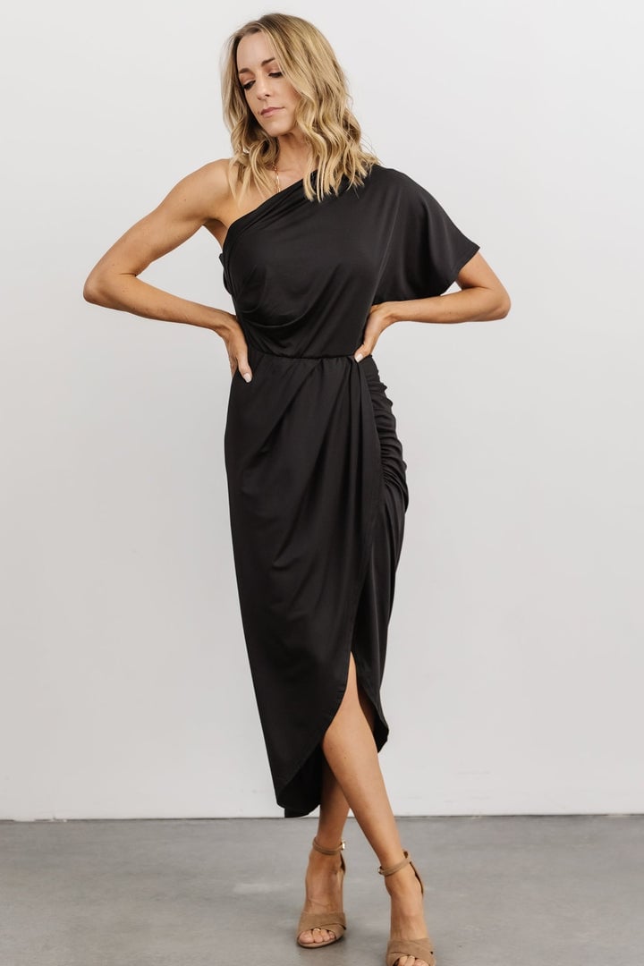 One-Shoulder Pleated Midi Dress (Buy 2 free shipping)