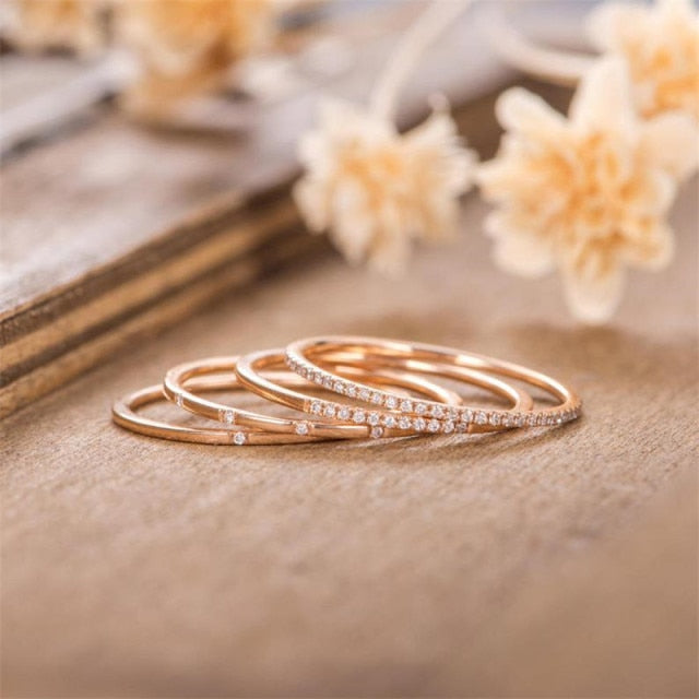 Geometric Gold Color Combination Round Zircon Crystal Rings Set