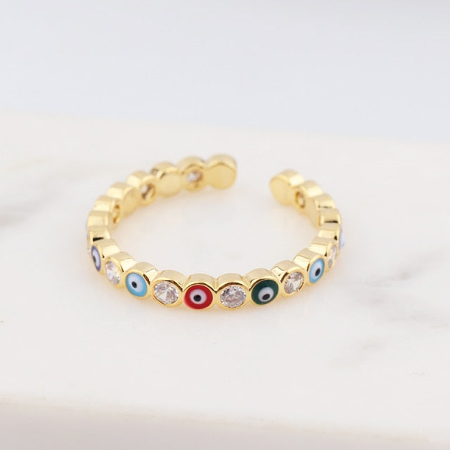 Bohemian Rainbow Evil Eye Rhinestone Filled Gold Rings